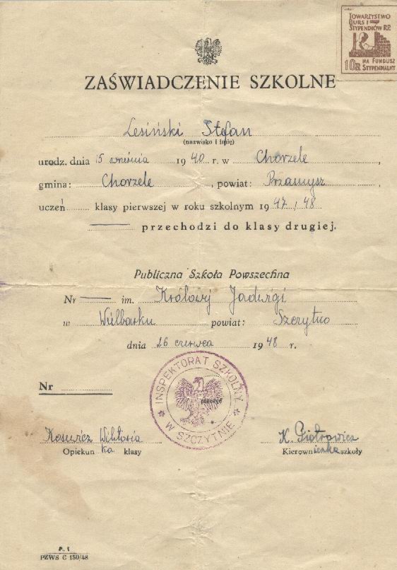 Dokument szkolny z roku 1948, potwierdzający fakt iż szkoła nosiła w przeszłości imię Królowej Jadwigi.
